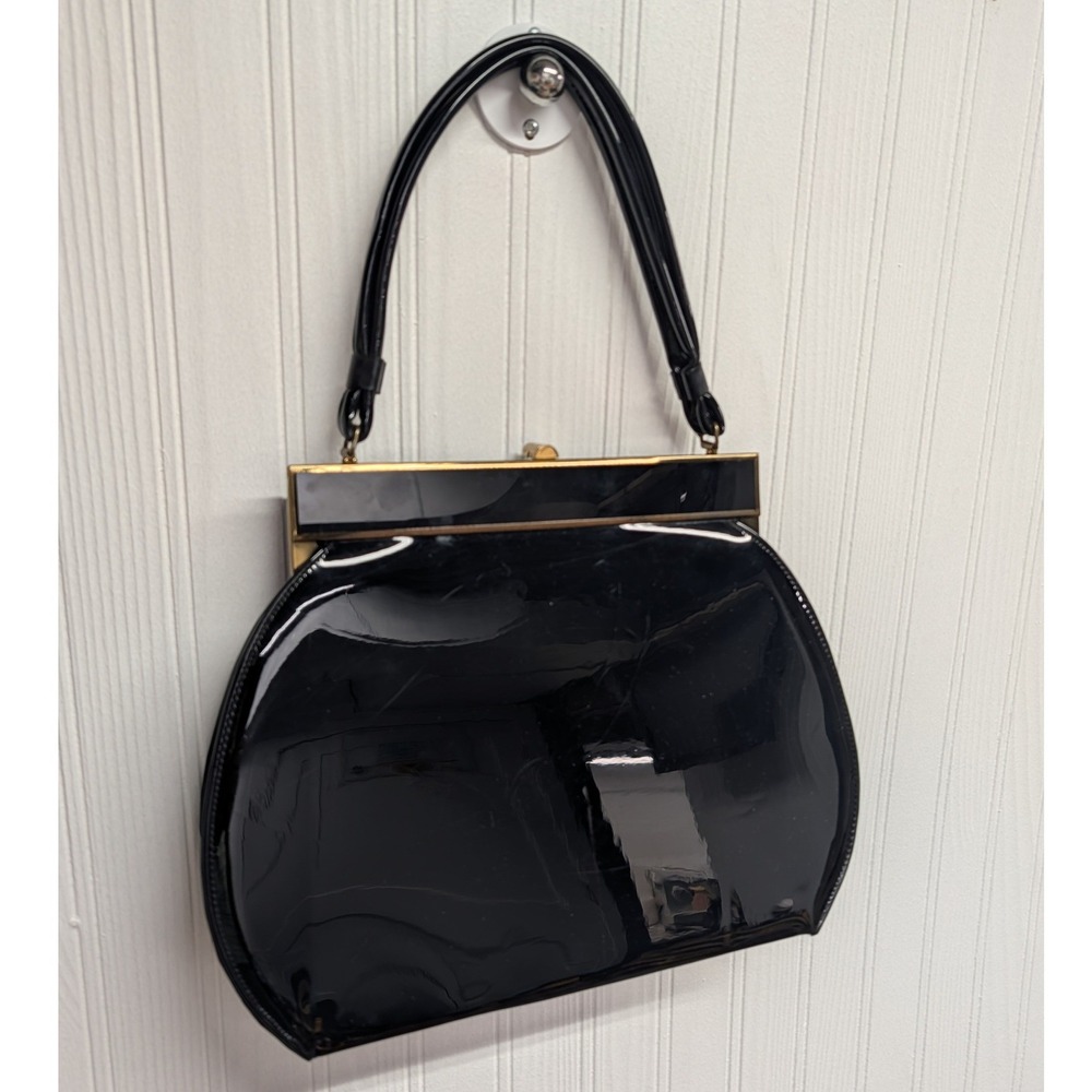 Womens Garay Black Patent Handbag OS Good Vintage Mid Century Kiss Lock Bag